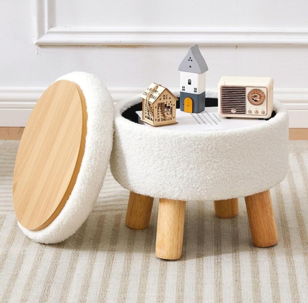 BRIAN & DANY Small Round Storage Ottoman Sherpa Footstool White Wood Legs